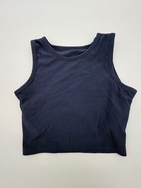 Sleek blue ribbed Crop top Built-in bra high neck chic athleisure essential Med